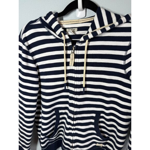 L.L.Bean Womens Full Zip Hooded Sweatshirt Small Petite Striped Nautical Coastal - Picture 3 of 12